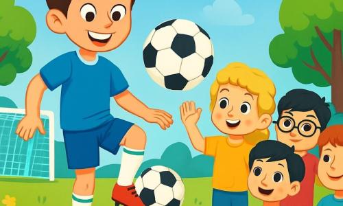 Un tânăr, Alex, zâmbitor și entuziast, cu părul castaniu și ochi strălucitori, poartă un tricou de fotbal albastru aprins și șorturi asortate. El jonglează cu o minge de fotbal, arătându-și măiestria și bucuria de a juca. Lângă el, un grup de cinci copii, cu vârste între 8 și 10 ani, toți îmbrăcați în tricouri colorate, îl privesc cu admirație. Una dintre eleve, o fată cu părul blond și creț, ridică mâna pentru a pune o întrebare, în timp ce un băiat cu ochelari, având părul negru, zâmbește ținând o minge.

Scena se desfășoară pe un teren de fotbal verde, înconjurat de copaci mari și flori colorate, sub un cer albastru strălucitor. Norii albi plutesc ușor, adăugând o notă de blândețe atmosferei.

Alex își împărtășește pasiunea pentru fotbal cu copiii, încurajându-i să se distreze învățând bazele jocului, creând astfel un moment vesel și inspirator.