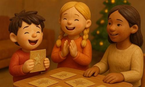 A 6-year-old boy, Benji, with tousled brown hair and sparkling eyes, sings joyfully while holding a glittering postcard. Next to him, his older sister Mia, a 10-year-old girl with blonde braids and a radiant smile, claps in rhythm. Their mother, a woman in her thirties with chestnut hair and a kind gaze, sings along with them, sitting beside them. They are in a cozy living room decorated with string lights and a sparkling Christmas tree. The main scene shows the family gathered around a wooden table, where cards adorned with golden glitter are scattered, creating an atmosphere of celebration and sharing.
