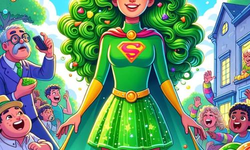 O tânără pe nume Livia, cu părul lung și creț de culoare verde strălucitor, poartă un costum de supererou verde viu. Fața ei exprimă o bucurie efervescentă și o determinare amuzată în timp ce stă în centrul scenei, înconjurată de jeleu colorat. Lângă ea, un bărbat de vârstă mijlocie, primarul Grijuliu, cu ochelari rotunzi și o mustață tremurândă, privește cu un amestec de îngrijorare și admirație, ținând un telefon în mână. În fundal, copiii râd și se joacă într-o mare de jeleu, în timp ce adulții, acoperiți de jeleu, încearcă să scape de bucățile lipicioase. Scena se desfășoară într-o stradă animată dintr-un sătuc, unde clădiri colorate mărginesc drumul, iar arborii verzi adaugă o notă de prospețime. Deasupra lor, un cer albastru deschis luminează scena, creând o atmosferă veselă și jucăușă. Situația principală o arată pe Livia, supereroina, încercând să stăpânească haosul cauzat de transformarea ei neașteptată din broscuță în jeleu, aducând în același timp zâmbete pe fețele localnicilor.