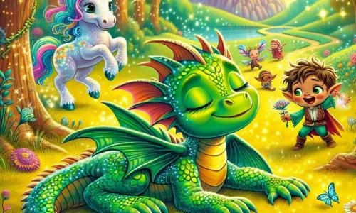 Zâmbăcel, un mic dragon cu solzi verzi strălucitori și aripi mari, stă întins pe iarbă moale, cu ochii închiși și un zâmbet visător, visând la aventuri mari. Lângă el, Fulg de Nea, un unicorn cu blană albă strălucitoare și o coamă în culorile curcubeului, îl privește pe Zâmbăcel cu o expresie de îngrijorare, întrebându-se dacă va avea curajul să participe la competiție. Mormăilă, un goblin jucăuș cu părul zburlit și un zâmbet ștrengăresc, dansează fericit în jurul lor, ținând o floare colorată în mână și râzând cu glas tare. Scena se desfășoară în Pădurea Râzătoare, un loc magic unde copacii au fețe zâmbitoare și florile cântă melodii vesele, totul fiind scăldat într-o lumină aurie și caldă. În fundal, un drum sinuos duce către o poiană mare unde se pregătește competiția de aventuri. Zâmbăcel, deși entuziast, ezită să se ridice pentru a participa, în timp ce prietenii săi îl încurajează să-și depășească lenea și să trăiască o mare aventură împreună.