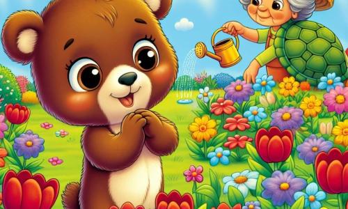 Un pequeño oso marrón llamado Bruno, con un pelaje suave y ojos brillantes de curiosidad, se encuentra en el centro de un jardín colorido, maravillado por la belleza de las flores que lo rodean. Sonríe ampliamente, con las patas delanteras levantadas, como si quisiera tocar los pétalos brillantes. Cerca de él, una tortuga abuela con caparazón verde y marrón, ojos sabios y una sonrisa benevolente, cuida las flores, regando delicadamente las plantas con un pequeño regadera. Ella parece serena y feliz, disfrutando del trabajo que realiza. El jardín es un verdadero cuadro de primavera, lleno de flores de colores vivos: tulipanes rojos, margaritas blancas y narcisos amarillos, bajo un cielo azul claro salpicado de nubes blancas y esponjosas. Mariposas coloridas vuelan alrededor, añadiendo un toque de magia a la escena. Bruno descubre con asombro el jardín secreto, un lugar donde la naturaleza florece, y se siente afortunado de aprender las maravillas de la vida primaveral.