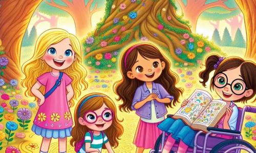 Într-un parc magic, patru fetițe stau împreună, înconjurate de flori colorate care dansează în jurul lor. Emma (10 ani) are părul lung și auriu, poartă o rochie roz și zâmbește entuziastă, ținând o hartă misterioasă. Mia (9 ani) are ochi căprui și împletituri, îmbrăcată într-un tricou albastru și pantaloni scurți din denim, curioasă să exploreze. Sara (10 ani) poartă ochelari rotunzi și are părul brun prins, îmbrăcată într-o cămașă cu dungi, cu o carte deschisă în brațe. Ana (9 ani) este într-un scaun cu rotile decorat cu autocolante colorate, zâmbind și purtând o rochie violetă, ținând o cheie aurie. Parcul este plin de copaci mari, flori strălucitoare și o lumină aurie care trece prin frunze. Un copac bătrân, cu un trunchi lat și rădăcini răsucite, emite o strălucire magică. Cele patru prietene descoperă o hartă a comorii care le conduce spre o aventură fantastică, când un spiriduș mic pe nume Flori apare și le invită să rezolve un mister pentru a aduce magia în orașul lor.