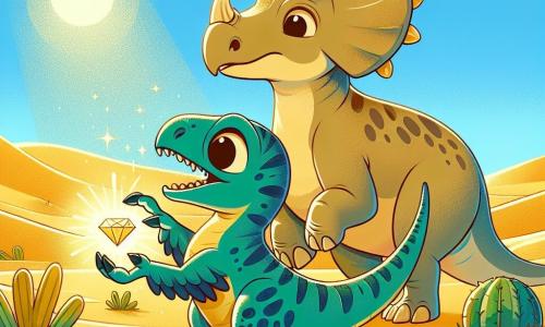 Un vélociraptor numit Rocco, cu un penaj verde strălucitor și ochi plini de curiozitate, stă în centrul imaginii, zâmbind și ridicând o labă ca și cum ar fi descoperit ceva extraordinar. Lângă el, Tara, un triceratops cu trei coarne majestuoase și pielea bej, privește cu uimire piatra magică care strălucește la picioarele lor. Decorul este un deșert însorit, presărat cu dune aurii și câteva plante verzi luxuriante, creând un contrast vibrant cu cerul albastru deschis. În prim-plan, Rocco și Tara se află lângă o piatră strălucitoare care emite o lumină blândă, simbolizând magia descoperirii lor și prietenia care îi unește.