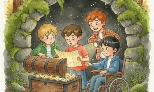 Vier jongens van ongeveer 10 jaar: Tim, bruin kort haar, rood T‑shirt en jeans, staat in het midden en houdt met beide handen een oude vergeelde kaart open, verwonderd naar de kist kijkend; Sven, blond warrig haar, groene jas, gehurkt links van de kist en tilt het stoffige houten deksel op, geconcentreerd; Joris, kastanjebruin haar, ruithemd, staat achter Tim rechts met een zaklamp naar binnen gericht, enthousiast glimlachend; Lucas, kort zwart haar, blauwe jas, zit iets voor rechts van de kist in een versierde houten rolstoel en reikt naar een oude brief in de kist. Ze staan bij de ingang van een grot aan de rand van een oud bos, stenen wand met glanzend groen mos en kleine varens, donkere aarde bedekt met bruine bladeren en keien, zonnestralen filteren tussen de bomen en maken gouden lichtvlekken. De kinderen openen een oude houten kist vol brieven en dagboeken, er komt een warme gloed uit, fijne stofdeeltjes zweven in de lucht, gezichten vol verwondering en vriendschap, sfeer van een zachte, veilige avontuur.