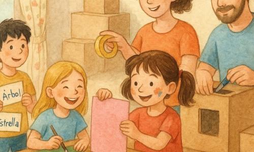 Aina, niña de 6 años, alegre y concentrada, pega una hoja rosa en una casa de cartón; la madre, ~35 años, sonriente, le pasa cinta mientras sostiene unas tijeras; el padre, ~37 años, tranquilo y orgulloso, corta una ventana en una caja de cartón con un cutter seguro; Emma, niña de 6 años, ríe mientras pinta estrellas amarillas en una cartulina verde; Lucas, niño de 7 años, curioso, sostiene tarjetas con palabras como «árbol» y «estrella». La escena transcurre en un salón luminoso con mesa de madera llena de cartulinas, pinturas, cintas y cajas de cartón; familia y amigos crean juntos un juego sin pantallas, pegando, pintando y riendo en un ambiente cálido y creativo.