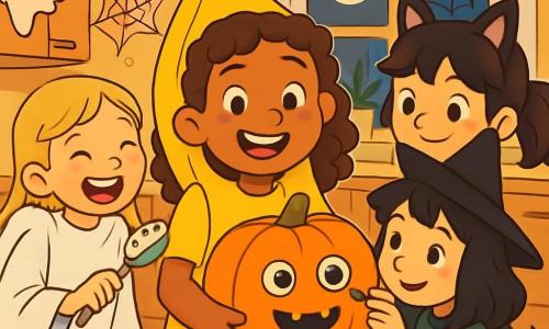 Er zijn 4 kinderen: - Noor: een 10-jarig meisje, gekleed in een felgele banaan, met een grote glimlach en krullend bruin haar. Ze staat in het midden en houdt een grote oranje pompoen vast. - Lila: een 9-jarig meisje, gekleed in een glinsterend wit laken met glitter, met sprankelende ogen en blonde vlechten. Ze staat links van Noor, lachend terwijl ze een afwasborstel vasthoudt. - Selin: een 10-jarig meisje, verkleed als heks met een zwarte puntige hoed en een groene jurk, met rommelig zwart haar. Ze staat rechts van Noor en tekent met een stift wenkbrauwen op de pompoen. - Jara: een 9-jarig meisje, verkleed als kat met vilten oren en een pluche staart, met kastanjebruin haar in een paardenstaart. Ze staat achter Noor en zoekt plastic ogen in haar zak. De locatie is een gezellige keuken met gele muren en Halloweenversieringen zoals spinnenwebben en papieren spoken. Een grote houten tafel is bedekt met gekleurd papier, stiften en snoep, terwijl een raam het zachte maanlicht binnenlaat en de scène verlicht. De belangrijkste situatie toont de kinderen die samen een enorme pompoen versieren met bewegende ogen, lachend en ideeën delen, terwijl een vriendelijk spookje genaamd Bobbel vanuit een hoek toekijkt met plastic ogen in zijn handen.