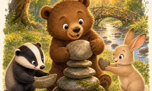 Un giovane orso bruno rotondo e peluche, occhi vivaci e muso curioso, sorride mentre posa una grossa pietra rotonda per la base di un cairn, zampe larghe pelose; una piccola libellula o una macchia di miele sul muso aggiunge un tocco malizioso. A destra una lepre chiara, orecchie sottili rosa e pelliccia soffice, è concentrata e felice mentre porge una pietra a forma di cuore all'orso. A sinistra un tasso tozzo a strisce bianche e nere, contento ma timido, è in ginocchio e stabilizza una pietra a forma di barca con le zampe anteriori. La scena si svolge nella radura del "Bosco delle Meraviglie": erba verde con fiori selvatici, un ruscello scintillante con ciottoli e riflessi e un ponte di rami intrecciati sullo sfondo; luce dorata del tramonto, ombre lunghe, atmosfera calda e morbida. Situazione principale: i tre amici costruiscono insieme un piccolo cairn segreto vicino al ruscello, con pietre impilate, risate e gesti cooperativi, e dettagli di pietre umide e muschio. Stile grafico: colori saturi ma morbidi, contorni leggermente inchiostrati, texture di pelo e corteccia visibili e piccoli doodle (cuori, stelle, frecce) intorno per un tono giovanile.