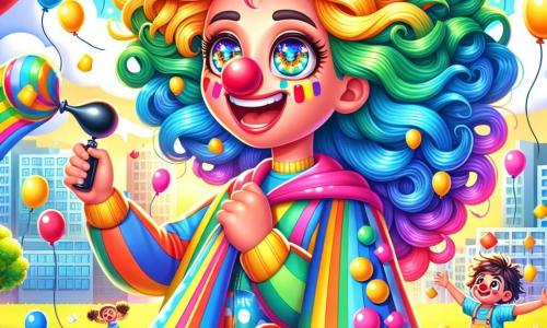 Sorriso Splendente è un supereroe gioioso, con capelli ricci e brillanti color arcobaleno, un grande sorriso splendente e occhi scintillanti di malizia. Indossa un mantello fatto di palloncini colorati che fluttuano intorno a lei e un naso rosso da clown che aggiunge un tocco comico. Sta ridendo mentre gonfia palloncini con un piccolo fischietto, circondata da bolle di gioia. Maldestro, un ragazzo di circa 10 anni, è accanto a lei. Ha i capelli arruffati e un viso coperto di coriandoli colorati. Cerca di riparare una macchina per gonfiare palloni, con un'espressione sia concentrata che divertita. La scena si svolge in una città vibrante e soleggiata, con edifici dai colori vivaci, bambini che giocano nel parco e nuvole a forma di sorrisi che fluttuano nel cielo. La situazione principale mostra Sorriso Splendente e Maldestro che collaborano gioiosamente per riempire la città di palloni colorati, creando un'atmosfera di festa e risate, mentre i bambini si meravigliano intorno a loro.