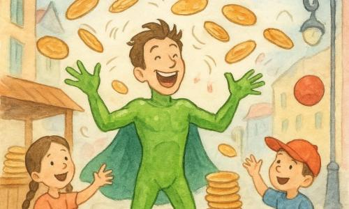 Een jonge, vrolijke en ondeugende man in een felgroen superheldenpak dat glanst roept 