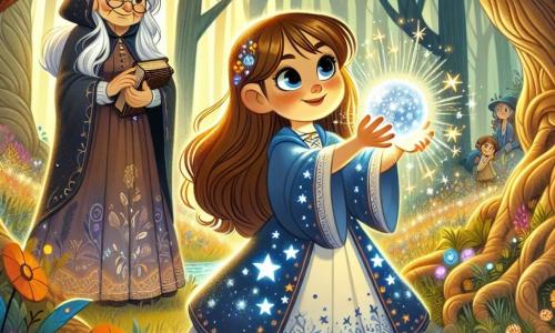 Una joven aprendiz de bruja, Luna, de 11 años, se encuentra en el centro de la escena. Tiene largos cabellos castaños, ojos llenos de curiosidad y lleva una capa azul adornada con estrellas brillantes. Su rostro expresa una determinación alegre mientras levanta un orbe de cristal brillante sobre su cabeza, iluminando su rostro con una suave luz. A su lado, su abuela, Maestra Estrella, una mujer de unos 70 años con cabellos plateados y una sonrisa bondadosa, observa con orgullo. Lleva un vestido largo y fluido, decorado con patrones de flores mágicas, y sostiene un viejo grimorio en sus manos, lista para compartir conocimientos. El escenario se sitúa en un claro encantado, rodeado de grandes árboles de troncos retorcidos, cuyas hojas brillan con un tono dorado. Flores coloridas emiten un suave resplandor, y un arroyo centelleante serpentea por el suelo, añadiendo un toque de magia al entorno. La situación principal muestra a Luna, llena de energía y magia, invocando su deseo para proteger su pueblo, mientras la luz del orbe ilumina el claro, revelando la belleza y la magia de la naturaleza que la rodea.