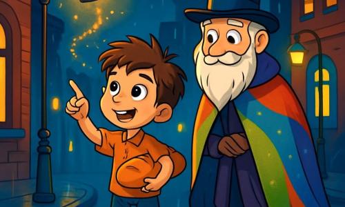 An 8-year-old boy, Leo, with messy brown hair and sparkling curious eyes, stands on the wet sidewalk of Midnight City, holding a loaf of bread under his arm. His face is lit up with a mix of excitement and wonder as he gazes at a small floating lantern glowing with golden light, leaving behind a trail of sparkling dust. Next to him, Mr. Fig, a 70-year-old man with a long white beard and a top hat, observes the scene with a mischievous smile. He wears a colorful cape that seems to shimmer under the lantern light and stands slightly back, ready to guide Leo on his adventure. The setting is a bustling urban neighborhood, with red brick buildings, streetlights flashing yellow and blue, and narrow alleys where mysterious shadows can be seen. The rain falls gently, creating shimmering reflections on the ground. The main scene shows Leo, in awe, pointing at the magical lantern swirling above his head, while surrounding lanterns dance chaotically as if trying to escape. The atmosphere is both magical and slightly unsettling, full of promises of adventure.