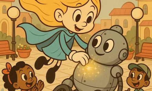 Una supereroina, Luminara Veloce, dal volto dolce e sorridente, occhi grandi e capelli dorati che fluttuano, mantello azzurro a nastri e mani che emanano polvere luminosa, tocca delicatamente il torace di un grande robot grigio dal look tondeggiante e retrò con bulloni visibili e una ruota caduta, che si rianima lentamente; una bambina di 5 anni in rosso con fiocco applaude ammirata a sinistra in primo piano e un ragazzo di 8 anni con cappellino verde sorride tenendo un piccolo giocattolo volante a destra su un gradino; scena in una ampia piazza lastricata con panchine rosse, lampioni rotondi, fiori in vaso e edifici pastello dai tetti arrotondati, cielo pastello con una piccola nube mentre il sole torna dietro di essa, luce morbida, colori caldi, atmosfera calma e magica, composizione chiara e centrata.