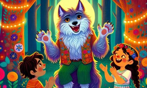 En el centro de la imagen, un hombre lobo llamado Lupi, con un pelaje esponjoso y brillante que cambia de color según sus emociones, muestra una gran sonrisa alegre. Sus ojos brillan con picardía mientras cuenta uno de sus chistes, levantando las patas delanteras como si gesticulara para cautivar a su audiencia. A su derecha, un niño de 8 años, con cabello castaño alborotado y una camiseta colorida, ríe a carcajadas, con las manos en el vientre. A su izquierda, una niña de 7 años, con largas trenzas y un vestido de flores, aplaude con entusiasmo, sus ojos brillando de admiración por el hombre lobo. La escena tiene lugar en un claro del Bosque de las Maravillas, bañado en luz dorada, rodeado de majestuosos árboles de troncos gruesos y hojas verdes. Guirnaldas de flores coloridas decoran las ramas, y luciérnagas bailan en el aire, añadiendo un toque mágico a la atmósfera. Lupi, el hombre lobo, está en medio de un concurso de chistes, rodeado de criaturas fantásticas y niños humanos, todos riendo y divirtiéndose juntos, creando un ambiente alegre y amigable en este lugar encantador.