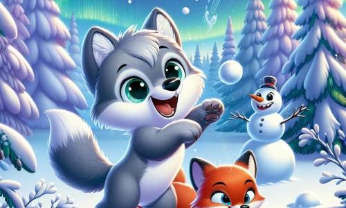 Un piccolo lupo dagli occhi brillanti e dal pelo grigio, con un'espressione gioiosa, gioca nella neve, saltando e rotolando con entusiasmo. Al suo fianco, una piccola volpe rossa, chiamata Fiamma, con un sorriso splendente e un pelo infuocato, lancia una palla di neve verso Lupo, ridendo di gioia. La scena si svolge in una foresta incantata, dove grandi alberi dai tronchi spessi sono coperti da uno spesso strato di neve scintillante, e fiocchi di neve cadono dolcemente dal cielo azzurro, illuminato da aurore boreali nelle tonalità di verde e viola. Lupo e Fiamma si divertono insieme, creando un pupazzo di neve, circondati da paesaggi invernali fiabeschi, simboleggiando l'amicizia e la magia dell'inverno.