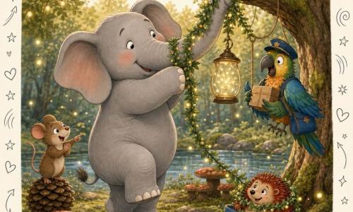 Een lichtgrijze, rondgetekende olifant met zachte ogen en blozende wangen staat op zijn achterpoten en probeert verlegen een groene slinger rond zijn slurf en oor te hangen; naast hem applaudisseert een ondeugende bruine muis die op een dennenappel staat en wijst naar de slinger; een stekelige roodbruine egel zit als een klein cadeau in een deel van de slinger met een blauw sokje met gele stippen erbij; een kleurrijke postpapegaai (blauw-groen) met scheve pet hangt aan een nabije tak met een pakket en kijkt verrast; het tafereel speelt zich af in een mosrijke bosopen plek met een brede eik links, een glinsterende poel achteraan, paddenstoelen als zitplaatsen, hangende lichtslingers en fladderende gele vuurvliegjes; vrolijke, licht chaotische sfeer, warme namiddaglicht en zachte texturen.