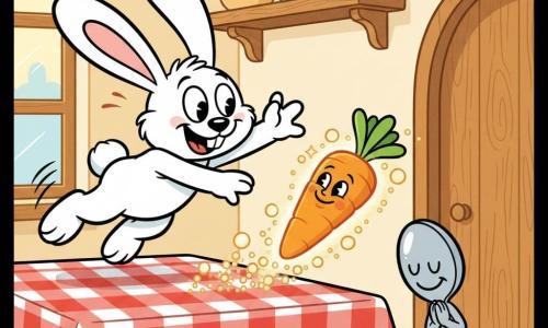 Pippo, il protagonista, è un piccolo coniglio bianco con grandi orecchie molli, occhi tondi spalancati e sorriso malizioso, che salta sul tavolo alzando una zampa; la carota magica, personaggio secondario, è una carota arancione lucida con occhi birichini, bolle frizzanti e una scia scintillante mentre rotola verso la porta; un piccolo cucchiaio di metallo fa la riverenza sul bordo del tavolo, occhi chiusi e sorriso educato, osservando Pippo e la carota; la cucina è una stanza retro con tavolo in legno chiaro, tovaglia a quadretti rossi e bianchi, barattoli di ceramica su una mensola e luce calda dalla finestra; scena principale: la carota rotola verso la porta mentre Pippo, sorpreso e gioioso, cerca di acchiapparla; stile grafico: colori vivaci, contorni neri spessi, espressioni esagerate, texture semplici e superfici lisce.