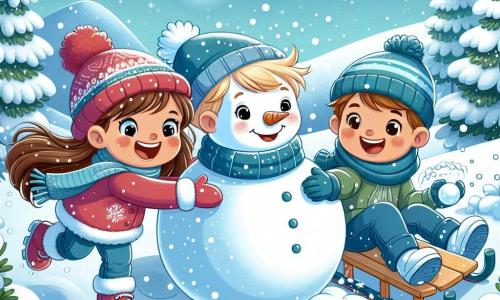 Drie blije kinderen spelen in een winterlandschap. Lotte, een 8-jarig meisje met lang bruin haar en een rode muts, rolt een grote sneeuwbal om een sneeuwman te maken. Naast haar glimlacht Joris, een 9-jarig jongetje met blond haar en een blauwe jas, terwijl hij een sneeuwbal vasthoudt die klaar is om te gooien. Sam, een 8-jarig jongetje met kastanjebruin haar en een stralende glimlach, zit op een grote slee, omringd door sneeuw, klaar om van de heuvel te glijden. De achtergrond toont een besneeuwde heuvel onder een heldere blauwe lucht, met glinsterende sneeuwvlokken die zachtjes vallen. Groene dennenbomen, bedekt met sneeuw, creëren een magische sfeer. De kinderen hebben plezier samen, lachen en spelen in de sneeuw, terwijl ze een sneeuwman bouwen en zich voorbereiden op een sneeuwballengevecht.
