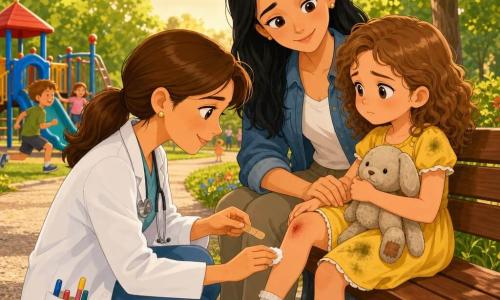 Médica mulher, olhos doces e sorriso caloroso, cabelo castanho preso em rabo-de-cavalo, jaleco branco com bolsos cheios de canetas, agachada e limpando um joelho ralado com um curativo; menina de cerca de 6 anos, cabelos cacheados castanho-claro, vestido amarelo com manchas de grama, rosto levemente triste mas confiante, sentada num banco à direita; mãe de ~30 anos, cabelo longo preto, roupa casual, em pé atrás à esquerda com as mãos nos joelhos e olhar aliviado; parque ensolarado com grama verde, árvores, flores vermelhas e azuis, um parquinho e trilha de cascalho, luz suave do fim da tarde; cena calma e reconfortante, menina segura um brinquedo de pelúcia gasto, mãe observa com gratidão e crianças desfocadas ao fundo.