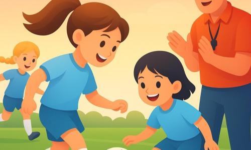 Una niña futbolista de unos 10 años, sonriente y decidida, cabello castaño en coleta, uniforme celeste y calcetas blancas, da un pase decisivo con el cuerpo inclinado y mirada concentrada; a su derecha Isa, también de unos 10, cabello negro corto, recibe el balón con las piernas flexionadas lista para driblar y sonrisa alegre; Marta, con trenzas rubias, en el fondo a la izquierda dispara a portería con postura dinámica; el entrenador, hombre de unos 40 años con canas, gorra roja y silbato, aplaude desde la línea de banda con expresión orgullosa; campo de césped verde, líneas blancas, porterías blancas y cielo pastel al atardecer; momento del pase decisivo antes del gol, acción congelada, movimiento claro, alegría de equipo y energía contagiosa.