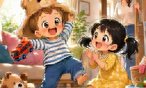 A joyful, funny moment in a cozy, bright living room: a 2-year-old boy with a round face, chubby cheeks, short light-brown hair and big bright eyes holds a small red-and-blue toy bus while wearing his teddy comforter on his head like a hat, a mischievous 3-year-old sister with black hair in pigtails kneels beside him in a yellow polka-dot dress clapping and watching the teddy-hat, their mother, about 30 with long tied-back hair and a tender smile, stands in the doorway laughing; cream rug, colorful cushions, light curtains, scattered toys and soft morning light amplify the warm, playful, dynamic scene as the children dance and laugh with exaggerated gestures.
