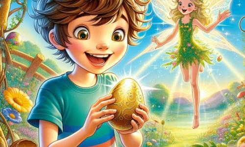 A 12-year-old boy named Oliver stands in the center of the image, with messy brown hair and sparkling eyes full of excitement. He wears a colorful t-shirt and shorts, holding a golden Easter egg in his hands, his face beaming with joy and pride. Beside him, a small fairy named Petal, with shimmering wings and a dress made of flower petals, flies around him smiling, her long golden hair floating in the air. In the background, a magical garden stretches out, filled with vibrant singing flowers and trees with outstretched branches, under a bright blue sky. The scene depicts Oliver and Petal celebrating their victory after finding the last Easter egg, surrounded by the enchanted beauty of the garden, with sunlight illuminating the entire scene.