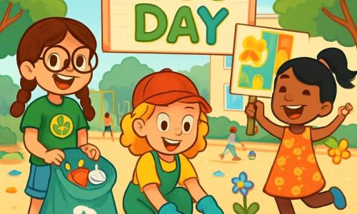 There are three characters: Mia, a 10-year-old girl with brown braided hair and round glasses, wearing a green t-shirt with their club logo, denim shorts, and holding a recycling bag filled with trash. She stands on the left, smiling and determined. Zoe, also 10, has curly blonde hair and a red cap, wearing a bright yellow t-shirt and gardening pants. She is in the center, picking up a piece of trash with a gardening glove, showing an enthusiastic expression. Lily, a 10-year-old with black hair in a ponytail and a floral dress, holds a colorful sign with the club's slogan. She is on the right, joyfully hopping, surrounded by flowers and small butterflies. The setting is a sunny schoolyard with lush trees surrounding a large play area, the ground scattered with colorful trash, and a garden corner visible with bright flowers and potted plants. Children play in the background, and a large sign reads 