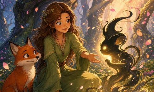Elara, a young woman with long light-chestnut hair in a green linen dress, sits on the ground reaching out kindly, calm and comforting with bright, teary eyes; Lumino, a nonhuman dark fluid silhouette with a golden glow at its center, medium-sized, swirls and transforms beside her; a red fox with mischievous eyes sits next to Elara watching; setting: a forest glade carpeted in green moss and pastel petals, ancient twisted trees with luminous foliage under mixed moon and dawn rays; scene: a magical transformation from shadow to light with petals falling like colorful rain in a soft, fairy atmosphere; palette: warm pastels (greens, pinks, golds), gentle contrasts, watercolor textures and clean 2D cartoon outlines; mid shot centered on Elara and Lumino with a slight low angle to magnify the trees.