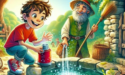 A 12-year-old boy with messy brown hair and sparkling curious eyes is crouched by an old washhouse, his face lit up by a wide smile of excitement. He wears a bright red t-shirt and denim shorts, and his sneakers are slightly muddy, showing evidence of his adventures. Next to him, a small man with gray hair and a fluffy beard, dressed in a tunic made of leaves and a straw hat, watches with a kind smile, holding a wicker broom in his hand. The washhouse is surrounded by ancient stones covered in green moss, with sunlight filtering through the leaves of the trees, creating a magical and peaceful atmosphere. The main scene shows the boy dipping a hand into the clear water to retrieve a shiny red thermos, while water splashes sparkle around him, revealing a moment of discovery and adventure.