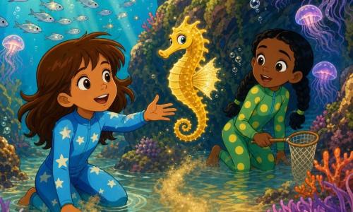 Three characters: Lucy, about 9, with mid-length brown hair in floating strands, kneeling left foreground in shallow water wearing a light-blue wetsuit with star patterns and reaching toward a golden, shimmering-finned seahorse; Amara, about 9, with black hair in two braids, standing right and slightly behind in a green wetsuit with yellow polka dots, holding a small cloth net and watching in wonder; the small golden seahorse turns at the center before an algae-covered rock fissure. The scene is a colorful rocky cove turned underwater world—clear blue-green water, coral-covered rocks, waving purple anemones, schools of silvery fish, rising bubbles and glowing jellyfish lanterns—while the girls follow the seahorse toward a dark crack in the rock, expressions of wonder, golden sand dust swirling at their feet and sunlight streaming in diagonal rays for a warm, magical atmosphere.