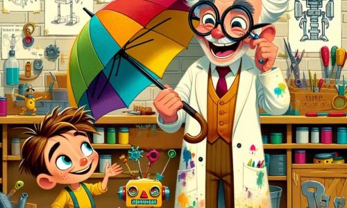 An elderly man, Mr. Whizzle, with messy white hair and large round glasses, smiles joyfully while working on a colorful talking umbrella. He wears a paint-stained lab coat and holds a screwdriver. Next to him, a small boy named Timmy, around 8 years old with tousled brown hair and sparkling curious eyes, watches the umbrella in awe, standing with his hands on his hips, ready to ask questions. The scene takes place in a bright and colorful workshop filled with strange gadgets, invention plans on the walls, and scattered toys. Wooden shelves are loaded with paint bottles, gears, and machine parts, creating a magical and inspiring atmosphere. In this illustration, Mr. Whizzle shows Timmy his amazing invention, the talking umbrella, while a little robot named Robbie struggles to pick up a toy at his feet, adding a touch of humor to the scene.