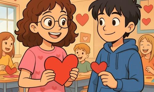 A 12-year-old girl, Mira, with curly brown hair and round glasses, stands center stage, her eyes sparkling with excitement and a radiant smile on her face. She wears a pink t-shirt with hearts and jeans, holding a large red paper heart in her hands. Next to her is her friend Rowan, a 12-year-old boy with messy black hair and a blue hoodie, looking at Mira with admiration while holding a small paper heart he just wrote. The setting is a classroom decorated for Valentine's Day, with paper heart garlands hanging from the ceiling, tables covered with colorful markers and glitter, and windows letting in soft, warm light. The main scene shows Mira and Rowan sharing their paper hearts, surrounded by classmates laughing and having fun, creating a joyful and festive atmosphere full of camaraderie and creativity.