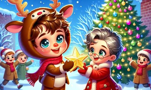 A 5-year-old boy named Tommy, with bright blue eyes and curly brown hair, smiles excitedly as he wears a homemade reindeer costume with sparkling antlers. He is presenting a large shiny star to his grandmother, an elderly woman with silver hair and a warm smile, wearing a red coat and a wool scarf. She stands next to him with open arms, ready to embrace him. The scene takes place in a snowy schoolyard, where a tall Christmas tree is decorated with colorful ornaments and sparkling garlands, surrounded by joyful children who are clapping and singing. Snowflakes gently fall from the sky, adding a magical touch to the festive atmosphere. The main situation shows Tommy, beaming with happiness, offering the star to his grandmother during a Christmas event, surrounded by friends dancing and singing around the tree, creating a warm and joyful moment filled with love and sharing.