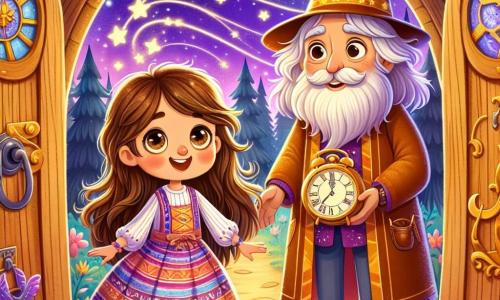 Uma menina de 6 anos, Lila, com longos cabelos castanhos e olhos cheios de curiosidade, está de pé diante de uma porta mágica de madeira decorada com estrelas cintilantes. Ela usa um vestido colorido e um grande sorriso no rosto, demonstrando sua empolgação para a aventura que a espera. Ao seu lado está o Guardião do Tempo, um homem de cerca de 50 anos, com uma longa barba branca e um chapéu estrelado, que sorri gentilmente enquanto segura um antigo relógio nas mãos. Eles estão em um parque encantado, onde as árvores estão cobertas de folhas douradas e o céu é de um roxo brilhante, salpicado de estrelas dançantes. A cena principal mostra Lila e o Guardião do Tempo prontos para entrar na porta mágica, ansiosos para começar sua viagem no tempo para salvar a história.