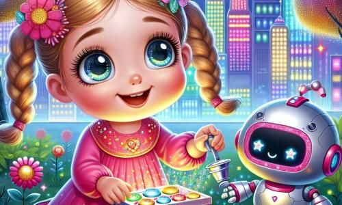O fetiță de 4 ani, pe nume Luna, cu ochi mari și strălucitori și gene lungi, are două codițe care dansează în vânt. Ea poartă o rochie roz aprins, împodobită cu stele aurii, iar un zâmbet uimit îi luminează fața. Luna este așezată în genunchi, ținând o cutie strălucitoare cu butoane colorate, având ochii mari de curiozitate. Lângă ea, un robot prietenos, de dimensiunea unui copil, cu un corp argintiu și ochi strălucitori în formă de inimă, o observă cu o expresie veselă. El ține o mică udătoare și udă o floare colorată care crește în fața lor. Decorul este unul futurist, cu clădiri înalte și colorate care strălucesc la soare, vehicule zburătoare care trec deasupra lor și copaci cu frunze luminescente. Lumini dansează pe străzile plutitoare, creând o atmosferă magică. Situația principală o arată pe Luna descoperind cutia strălucitoare sub patul ei, înconjurată de prietenul ei robot, pregătită să exploreze secretele lui Sclipițel, cu o expresie de entuziasm și uimire pe față.