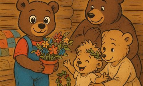 Basil the little brown bear (main character) has big shining round eyes, an expressive face and a shy smile; he is joyful and proud, holding a pot of bright wildflowers and standing center stage. Daisy, his smaller cream-colored little sister (secondary), has tufted hair, a radiant face and laughing eyes, wears a leaf crown and holds a garland of leaves and berries beside Basil, bouncing with excitement. Papa Bear (secondary) is a large dark-furred bear with a softened expression and hands on his heart, seated by a wooden table watching the children proudly. Mama Bear (secondary) is a lighter-furred bear with gentle eyes and a moved smile, kneeling to embrace Basil and Daisy, her simple dress smudged from cooking. The warm interior of a rustic burrow with log walls, a patchwork blanket on a sofa, a rough wooden table with steaming soup, leaf-and-pinecone garlands and golden, sunset-like light sets the scene. Main situation: the children surprise the family — a sharing, inventive moment; warm autumnal palette with red and yellow accents, close textures (wood, fabric, fur), clear happy faces, readable silhouettes, crisp drawing style with soft outlines.