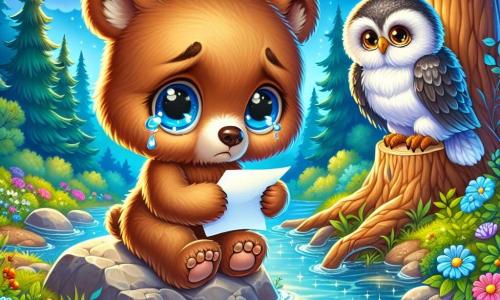 Ein junger Bär mit braunem, weichem Fell und großen, traurigen blauen Augen steht auf einem Felsen am Rand eines glitzernden Baches. Er schaut melancholisch ins Wasser, während Tränen über seine Wangen rollen und er ein kleines Stück Papier in seinen Pfoten hält, bereit, es an seinen Freund zu senden. Neben ihm sitzt eine weise alte Eule mit grauen und weißen Federn auf einem Ast und beobachtet ihn mit Mitgefühl. Ihre runden, goldenen Augen drücken Verständnis und Sanftheit aus, während sie den Kopf leicht neigt, bereit, tröstende Worte anzubieten. Die Kulisse ist ein wunderschöner, bunter Wald mit majestätischen Bäumen, leuchtend grünen Blättern, bunten Blumen am Boden und einem klaren blauen Himmel mit flauschigen weißen Wolken. Der kristallblaue Bach reflektiert das Sonnenlicht und erzeugt funkelnde Lichtblitze. Die Hauptsituation zeigt den Bären, der sich von seinem Freund verabschiedet, indem er einen Brief schreibt, um ihm zu sagen, wie sehr er ihn vermisst, während er sich an die glücklichen Momente erinnert, die sie geteilt haben.