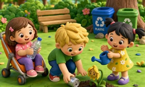 Hay tres niños: Ana, unos 2 años, cabello corto castaño, sentada en una pequeña sillita naranja a la izquierda sosteniendo una botella de plástico; Tom, unos 2 años, rubio, en el centro agachado recogiendo una lata plateada; Lia, unos 2 años, con coletas, a la derecha aplaudiendo y regando una pequeña flor con un regadera azul. Están en un parque soleado sobre una gran hoja de césped verde, con árboles de troncos lisos, un banco de madera claro y papeleras de colores cerca de un gran árbol (una azul para plástico, una verde para papel). El suelo parece masa de modelar con pequeñas huellas, algunas piedrecitas y un area de tierra húmeda junto a la flor. La escena muestra a los niños limpiando y cuidando el parque con gestos suaves; atmósfera luminosa, colores vivos y expresiones alegres que transmiten cuidado y amabilidad.
