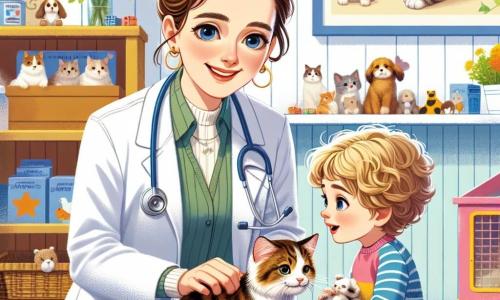 Una veterinaria, una donna di circa trenta anni con capelli castani raccolti in un chignon, indossa un camice bianco e un sorriso caloroso. È accovacciata, esaminando un piccolo gatto tigrato che fa le fusa, con occhi brillanti di compassione e concentrazione. Accanto a lei, una bambina di circa 8 anni, con capelli biondi e ricci, osserva con meraviglia. Tiene in mano un giocattolo a forma di gatto, con gli occhi spalancati per curiosità ed eccitazione. L'ambiente è un ambulatorio veterinario colorato e accogliente, con manifesti di animali sulle pareti, giocattoli per animali sparsi e una grande finestra che lascia entrare la luce del sole, creando un'atmosfera calda e gioiosa. La scena principale mostra la veterinaria mentre rassicura la bambina mentre si prende cura del gatto, illustrando l'amore e la cura che dedica agli animali, condividendo questa bella esperienza con un giovane bambino.