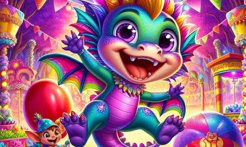 Im Zentrum des Bildes springt ein kleiner Drache namens Fips vor Freude, mit schimmernden Schuppen in Regenbogenfarben. Seine großen Augen funkeln vor Aufregung und ein breites Lächeln erhellt sein Gesicht. Er trägt ein buntes Kostüm aus glitzernden Stoffen und seine Flügel sind ausgebreitet, bereit zum Fliegen. Neben ihm macht sein bester Freund, der schelmische Kobold Kasimir, auf einem großen roten Ball Pirouetten. Kasimir hat zerzauste Haare und trägt einen spitzen Hut mit klingenden Glöckchen. Sein Gesicht strahlt vor Glück und er lacht herzhaft. Im Hintergrund ist ein märchenhafter Karneval mit lila und rosa Blättern, funkelnden Lichtergirlanden und bunten Süßigkeitenständen. Riesige, leuchtende Blumen säumen den Weg, während eine mit Ballons und bunten Bändern dekorierte Bühne in der Mitte steht, auf der andere magische Kreaturen tanzen und Spaß haben. Fips und Kasimir sind bereit, an einem Tanzwettbewerb teilzunehmen, umgeben von Lachen und festlicher Musik, die den fröhlichen und spielerischen Geist des Karnevals einfängt.