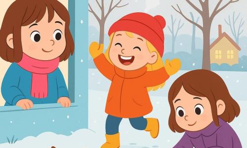Ci sono 3 personaggi: Emma, una bambina di 4 anni con capelli castani e occhi scintillanti, indossa una sciarpa rosa e un cappotto blu, e si trova vicino alla finestra guardando il giardino; Sara, un'altra bambina di 4 anni con capelli biondi e un grande sorriso, indossa un cappello rosso e guanti gialli, ed è in giardino saltellando per scaldarsi; Giulia, una bambina di 4 anni con capelli castani e occhi curiosi, indossa un cappotto viola e guanti blu, è accucciata ad osservare un uccellino che mangia semi a terra. Il luogo è un giardino d'inverno coperto da una sottile nebbia scintillante, con alberi spogli le cui branche si allungano verso il cielo grigio chiaro, e sullo sfondo si vede una piccola casa con luci calde che brillano attraverso le finestre. La scena principale mostra le tre bambine che danno da mangiare agli uccelli nel giardino; Emma osserva con meraviglia un uccellino che becca semi, mentre Sara e Giulia si divertono a fare piccoli passi nella neve, ridendo e ammirando la bellezza dell'inverno.