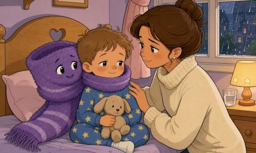 Una bufanda antropomórfica llamada Lila, rostro bordado con grandes ojos dulces y sonrisa tímida, de lana violeta a rayas claras, se desenrolla para envolver con cariño el cuello de un niño de unos 3–4 años en pijama de estrellas que sostiene una peluche beige; la madre, con el pelo en un moño y un suéter crema, está agachada junto a la cama de madera poniendo una mano protectora en su hombro; la habitación es acogedora, paredes en tonos pastel, mesita con vaso de agua y una lámpara cálida, ventana con lluvia fina; la escena, íntima y reconfortante, usa colores cálidos (violetas, rosas pálidos, amarillos suaves) en un estilo de cómic europeo sencillo y legible para niños pequeños.