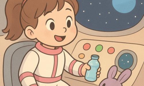 Una joven sonriente y tranquila, cabello castaño en coleta, traje espacial blanco y rosa, ojos brillantes y mejillas sonrosadas, sostiene una pequeña botella de agua y la acerca a una consola luminosa; un peluche de conejo violeta llamado Lila está en el asiento junto a ella, con grandes ojos cosidos y textura suave; interior de una pequeña lanzadera con paredes redondeadas, botones coloridos y luces verdes y rojas, una escotilla circular muestra un cielo estrellado y un planeta azul cercano; ambiente cálido y sereno: la chica alimenta la nave con agua, la luz roja cambia a verde, colores pastel, rasgos redondeados y sombras suaves.