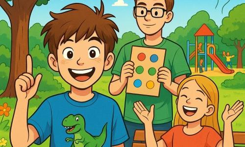 Un ragazzo di 12 anni, con i capelli castani e gli occhi vivaci, è al centro dell'immagine. Indossa una t-shirt blu con un dinosauro che fa skate e un grande sorriso illumina il suo viso. Accanto a lui, sua sorella di 14 anni, con capelli lunghi e biondi, è seduta su una panchina, ridendo e con le braccia alzate, pronta a partecipare alla festa. Suo fratello di 16 anni, con occhiali e capelli castani, è in piedi sullo sfondo, tenendo un cartone colorato con istruzioni di gioco, con un'espressione concentrata ma divertita. Il contesto è un parco verde, pieno di alberi, fiori e un grande albero al centro, dove i bambini giocano e ridono. In lontananza, palloni fluttuano nel cielo blu, aggiungendo un tocco festoso. La scena rappresenta il momento in cui il ragazzo lancia il conto alla rovescia per una ola gigante, circondato dai suoi amici, tutti pronti a lanciarsi in una coreografia gioiosa, mentre la videocamera della madre è pronta a immortalare questo momento memorabile.
