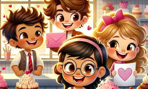 There are four main characters: Max, a 10-year-old boy with messy brown hair and a mischievous smile, holding a pink envelope; Leo, a 9-year-old boy with blonde hair and glasses, laughing while showing a cream-covered cupcake; Emma, a 10-year-old girl with brown curls and a pink dress, joyfully smiling while holding a heart-decorated cupcake; and Charlie, a 10-year-old boy with brown hair and a shy look, gazing at Emma with a timid smile while holding a heart drawing. They are all together inside the charming bakery Sweet Treats, adorned with Valentine's decorations of hearts and flowers. Colorful cupcakes and fun-shaped cakes are displayed on the counter, while a soft golden light filters through the windows, creating a warm and festive atmosphere. The main scene shows the four friends celebrating Valentine's Day, laughing and sharing treats, reflecting the importance of friendship and love.
