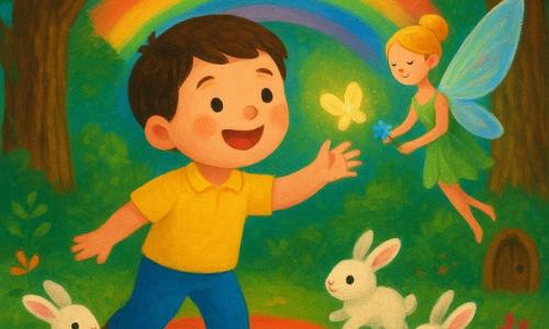 Un bambino di circa 7 anni di nome Lino, felice e meravigliato, volto rotondo e guance rosate, capelli castani corti, veste una camicia gialla e pantaloni blu, sorride e tende la mano verso una piccola farfalla luminosa; accanto a lui vola a destra una minuscola fata donna dall'aspetto giovane, corpo delicato, ali traslucide iridescenti e capelli biondi raccolti, che tiene un piccolo fiore blu scintillante; alla sinistra di Lino alcuni coniglietti bianchi dal pelo soffice saltellano intorno ai suoi piedi formando un mezzo cerchio; lo sfondo è un bosco magico con tronchi robusti dalla corteccia marcata, foglie verdi vivaci, prato fiorito con petali rossi, viola e arancioni e una piccola porta rotonda in un tronco; un arcobaleno basso e largo attraversa la scena dietro i personaggi diffondendo una luce dolce; Lino e la fata stanno salendo delicatamente sull'arcobaleno mentre i coniglietti danzano sotto, atmosfera calda, colori vivaci, forme semplici e contorni morbidi adatti ai più piccoli.
