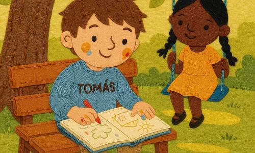 Tomás, hombre sonriente y concentrado de cabello castaño despeinado y manchas de pintura en los dedos, está sentado en un banco de madera dibujando en un gran cuaderno sobre sus rodillas; a su lado una niña de unos 6 años, cabello negro en dos trenzas y vestido amarillo, se balancea en un columpio azul mirando el dibujo con curiosidad; bajo un gran roble con corteza marrón, un perro pequeño pelirrojo duerme enroscado junto a una correa trenzada; parque luminoso de mediodía, césped verde, hojas tipo fieltro, pájaros estilizados en las ramas, colores vivos y sombras suaves, manchas de sol sobre la hierba; composición centrada, contornos cosidos visibles, texturas de tela y pespuntes aparentes, paleta cálida y estilo infantil de formas redondeadas y atmósfera serena y creativa.