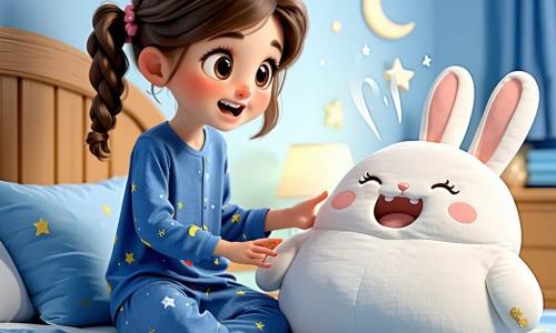 A 4-year-old girl with round bright eyes and light brown pigtails, smiling and amazed, sits at the edge of her bed in blue moon-and-star pajamas, reaching toward a plump white pillow with a small embroidered face—smiling eyes and an 