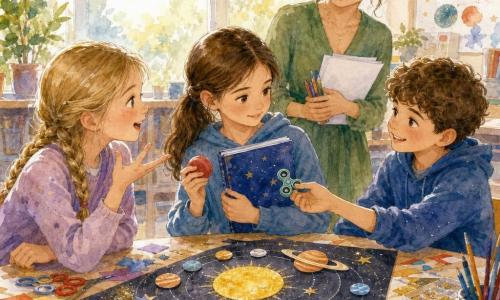 Ten-year-old Maya, focused and serene with sparkling eyes and mid-length brown hair in a ponytail, holds a blue star notebook and gently squeezes a small red stress ball; ten-year-old Theo, short curly hair and smiling, sits to her right and offers a small fidget toy; ten-year-old Zoe, blond hair in a braid and wide-eyed, sits to Maya’s left telling a story with a hand gesture; Ms. Lee, about 30, in a green dress, watches gently from behind the table holding papers and pencils; a bright classroom with large windows and light wood tables strewn with colored papers, yellow and silver paint, glitter, planet stickers and scissors surrounds a central solar-system poster in progress—Saturn with shiny rings and a textured yellow sun with cut-out planets glued in a circle—creating a harmonious, collaborative scene of calm gestures, shared smiles and controlled watercolor splashes suggesting movement and creativity.