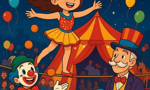 Uma menina de 12 anos, chamada Bia, está em uma corda esticada acima do palco do circo, seu rosto radiante de excitação e determinação, com cabelos castanhos ondulados ao vento. Ela usa um traje de circo colorido, adornado com brilhos que cintilam sob as luzes. A seus pés, um palhaço jovial, Toni, de cerca de 30 anos, faz malabarismos com laranjas, com o rosto pintado de branco e um grande sorriso vermelho, rindo e a incentivando do chão. Perto dali, Chapéu, um homem de 70 anos com um grande bigode enrolado, usa um chapéu colorido e observa Bia com orgulho, segurando uma caixa cheia de chapéus diversos. O cenário é um circo vibrante, com uma grande lona vermelha e amarela, luzes brilhantes e espectadores ansiosos sentados em bancos de madeira, cercados por balões coloridos e animais de circo ao fundo. A cena principal mostra Bia, concentrada, avançando cautelosamente na corda, pronta para realizar seu número de circo, enquanto o público prende a respiração, criando uma atmosfera de suspense e maravilha.