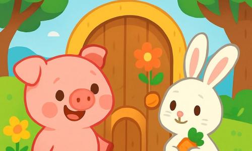 A little pig named Percy, round and pink, with a twitching nose and bright, excited eyes, stands in front of a small wooden door adorned with colorful flowers. He smiles widely, his rosy cheeks rounding with joy. Next to him, an adorable bunny named Bella, with soft white fur and large upright ears, looks at the door with curiosity, holding a carrot in her front paws. The setting is a sunny meadow sprinkled with vibrant flowers and tall green trees, under a clear blue sky. The scene exudes a joyful and magical atmosphere. Percy and Bella stand before the door, ready to enter a world of adventure and friendship, their faces lit up with the excitement of discovering what lies behind.